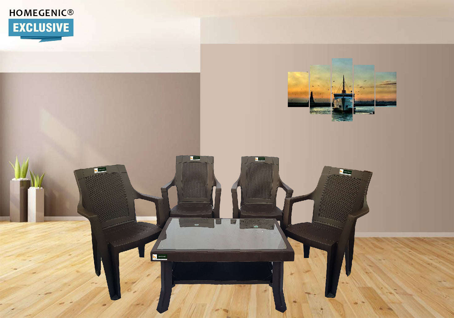 Nilkamal Rogue Coffee Table Set with 4 Mystique Chairs (Weather Brown) | HOMEGENIC.