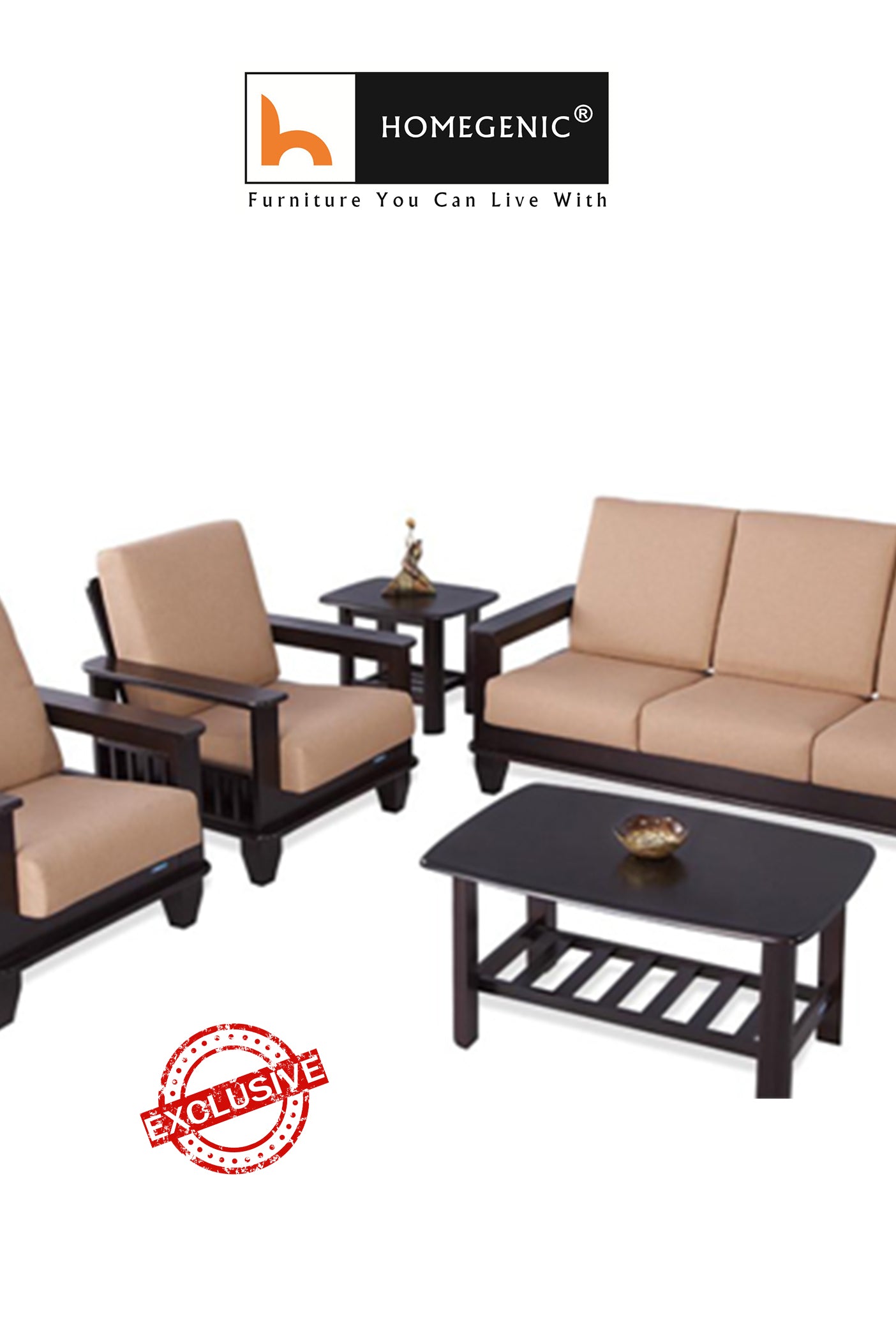 Nilkamal Wooden With Fabric Manhattan Sofa Set 3+1+1 (Cappuccino) Without Coffee Table By Homegenic® | HOMEGENIC.