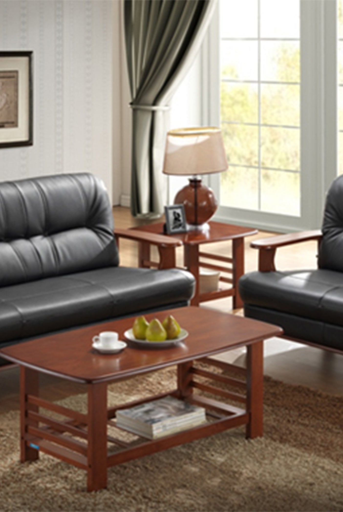Nilkamal Wooden With Leatherite Legacy Sofa Set 3+2 (Oak & Black) Without Coffee Table | HOMEGENIC.