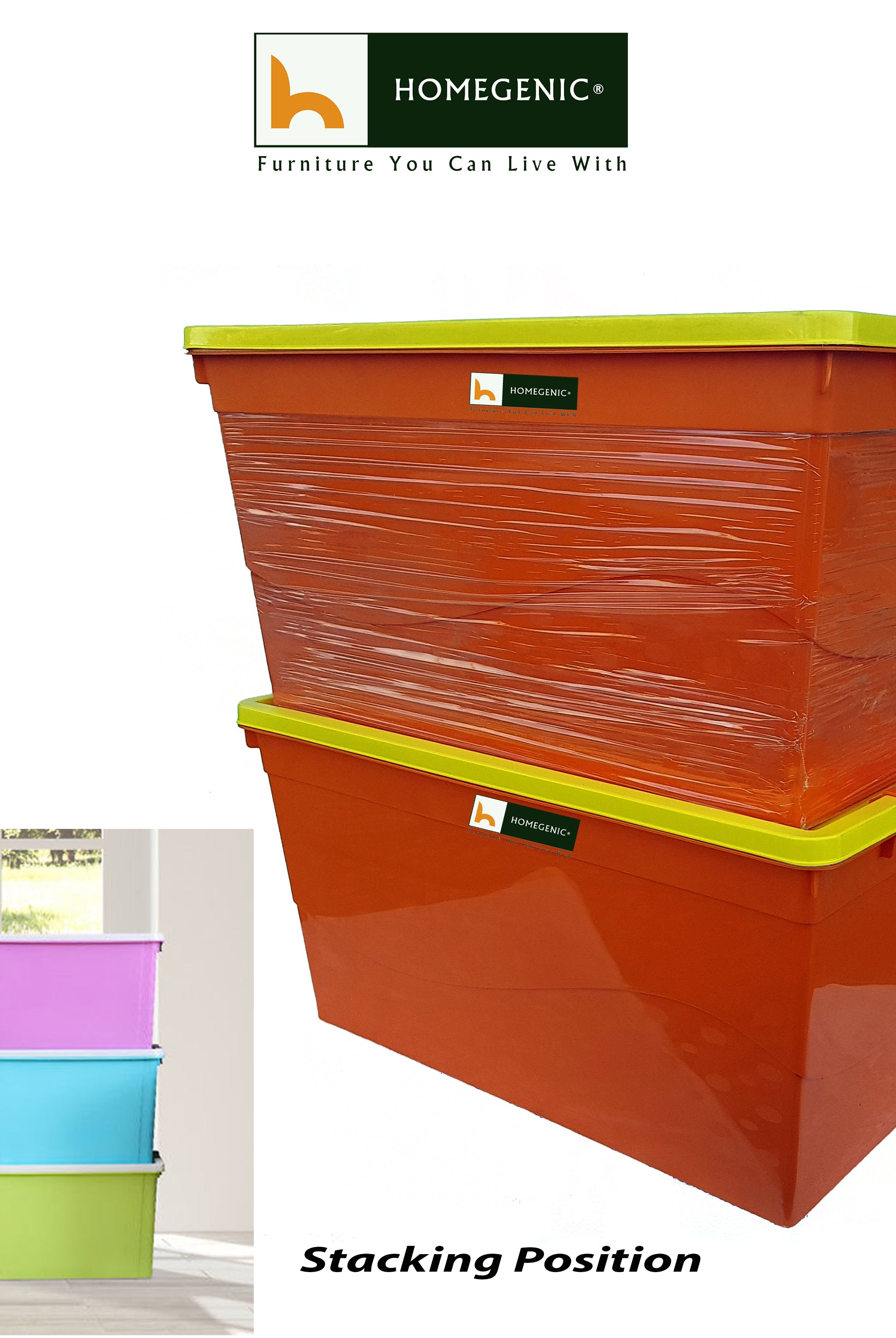 Nilkamal Stackable Storage Box 50 Ltr with Wheels (Orange-Yellow) | HOMEGENIC.