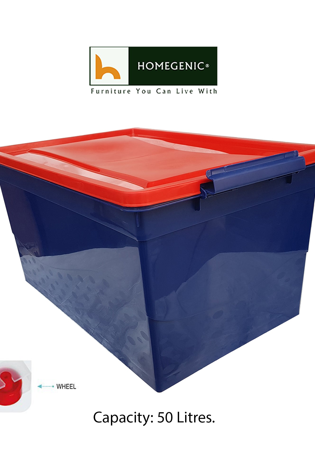 Nilkamal Stackable Storage Box 50 Ltr with Wheels (Blue & Red) | HOMEGENIC.