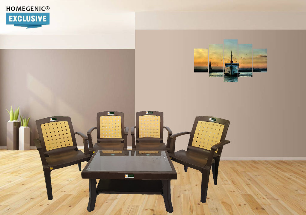 Nilkamal Rogue Coffee Table Set with Glass and 4 Vogue Chair (Weather Brown) | HOMEGENIC.