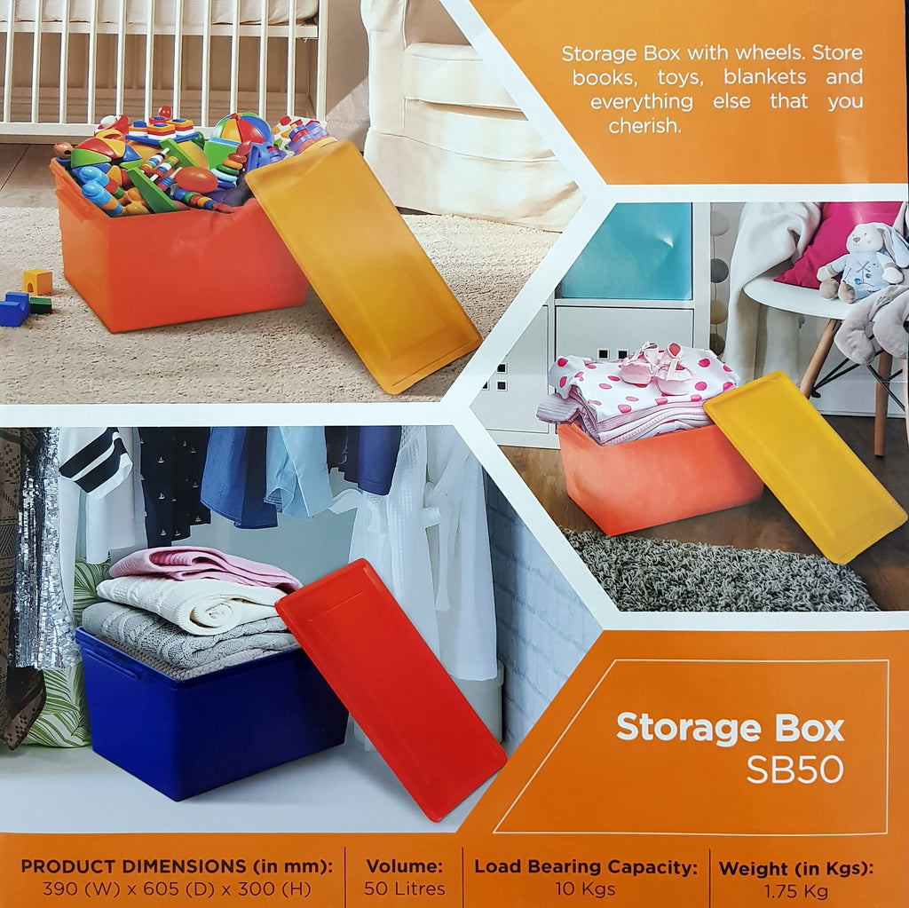 Nilkamal Stackable Storage Box 50 Ltr with Wheels (Orange-Yellow) | HOMEGENIC.