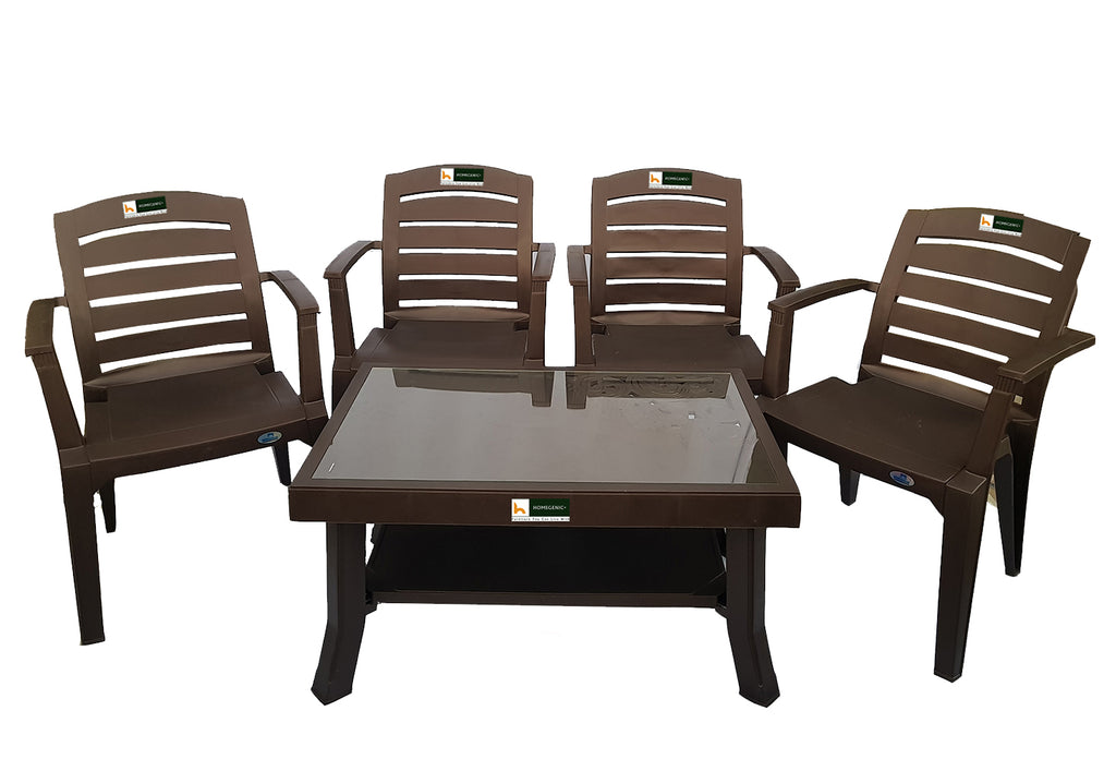 Nilkamal Rogue Coffee Table Set with 4 Passion Chairs (Weather Brown) | HOMEGENIC.