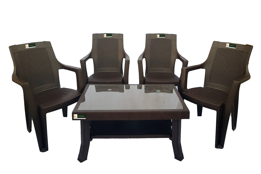 Nilkamal Rogue Coffee Table Set with 4 Mystique Chairs (Weather Brown) | HOMEGENIC.