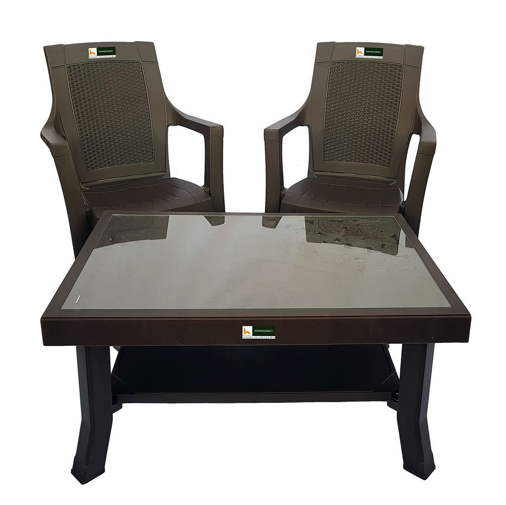 Nilkamal Rogue Coffee Table Set with 2 Mystique Chairs (Weather Brown) | HOMEGENIC.