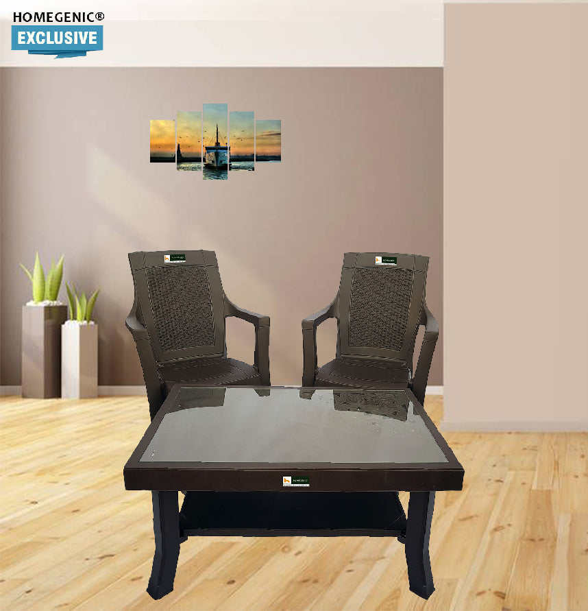 Nilkamal Rogue Coffee Table Set with 2 Mystique Chairs (Weather Brown) | HOMEGENIC.