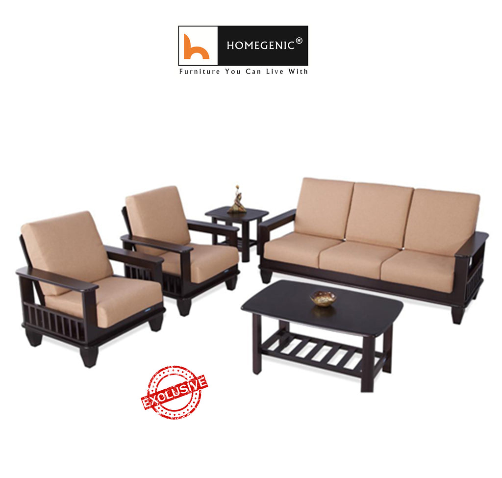 Nilkamal Wooden With Fabric Manhattan Sofa Set 3+1+1 (Cappuccino) Without Coffee Table By Homegenic® | HOMEGENIC.