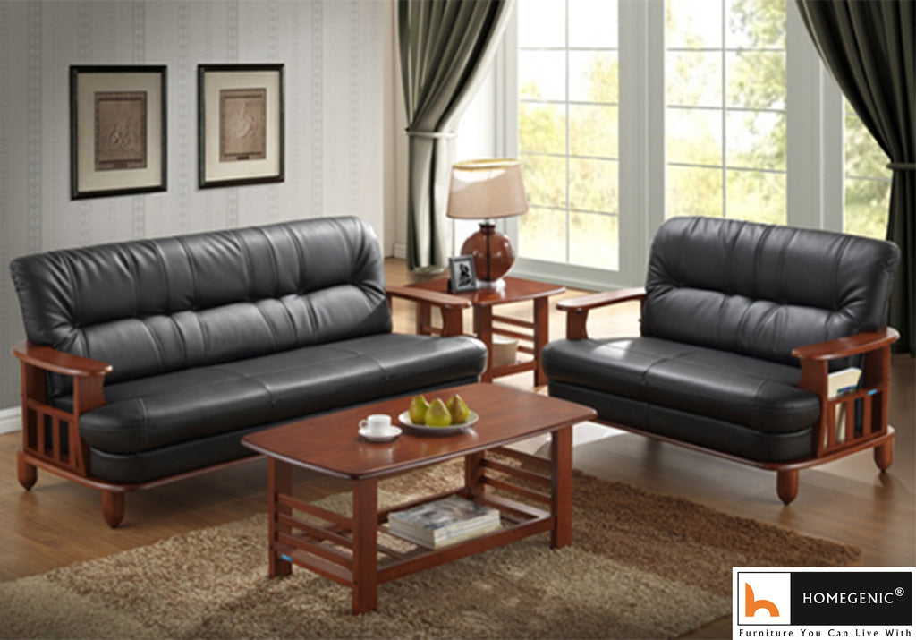 Nilkamal Wooden With Leatherite Legacy Sofa Set 3+2 (Oak & Black) Without Coffee Table | HOMEGENIC.