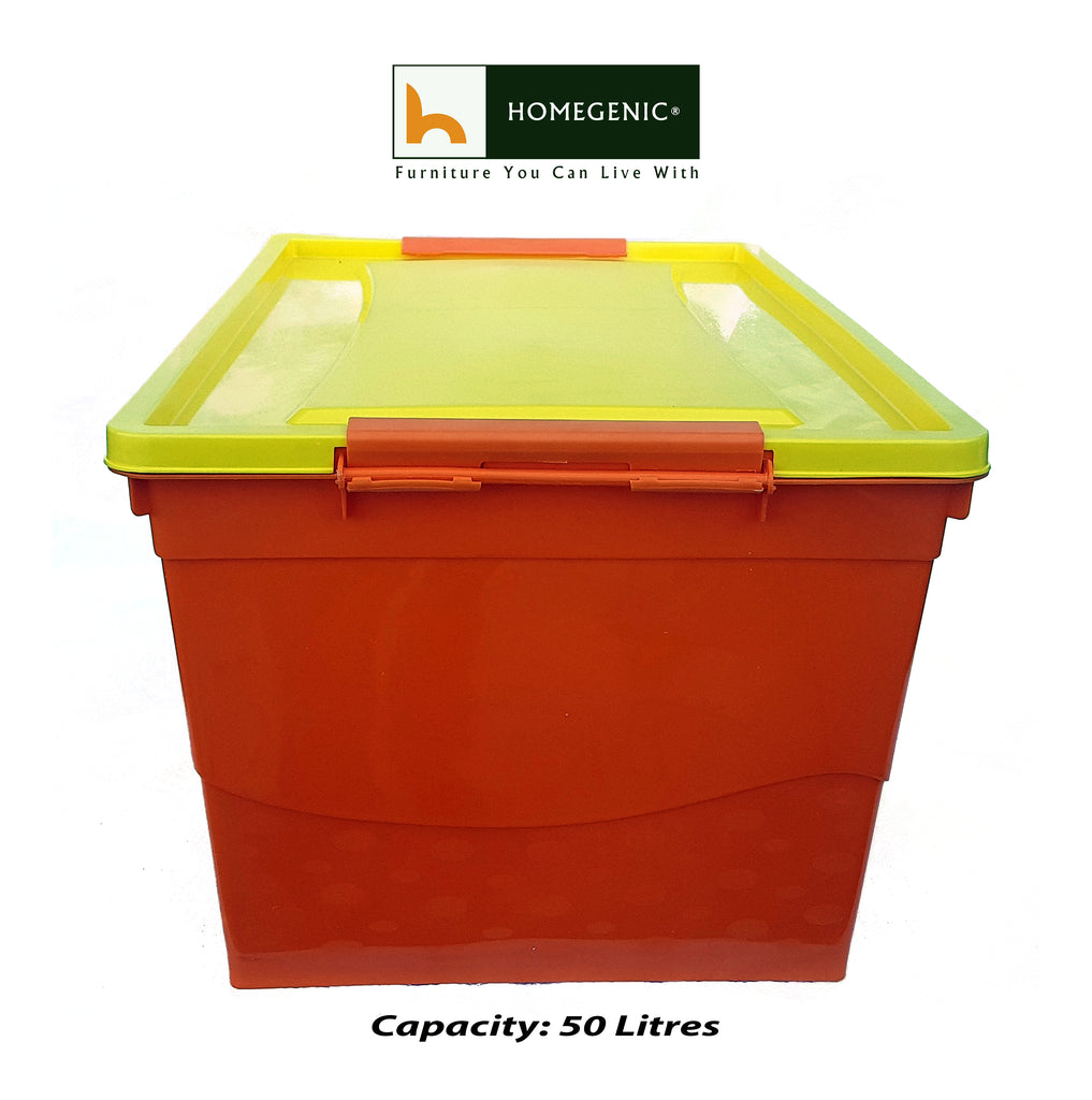 Nilkamal Stackable Storage Box 50 Ltr with Wheels (Orange-Yellow) | HOMEGENIC.