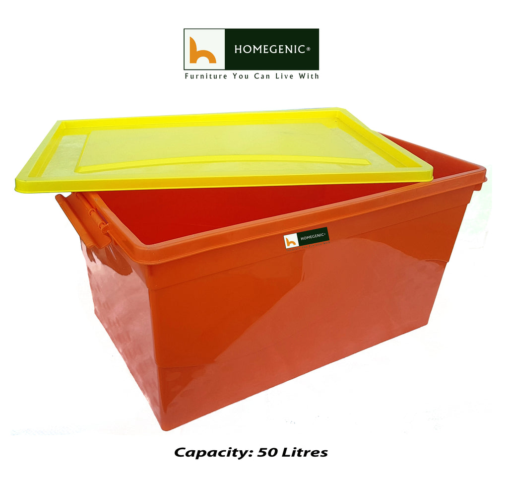 Nilkamal Stackable Storage Box 50 Ltr with Wheels (Orange-Yellow) | HOMEGENIC.