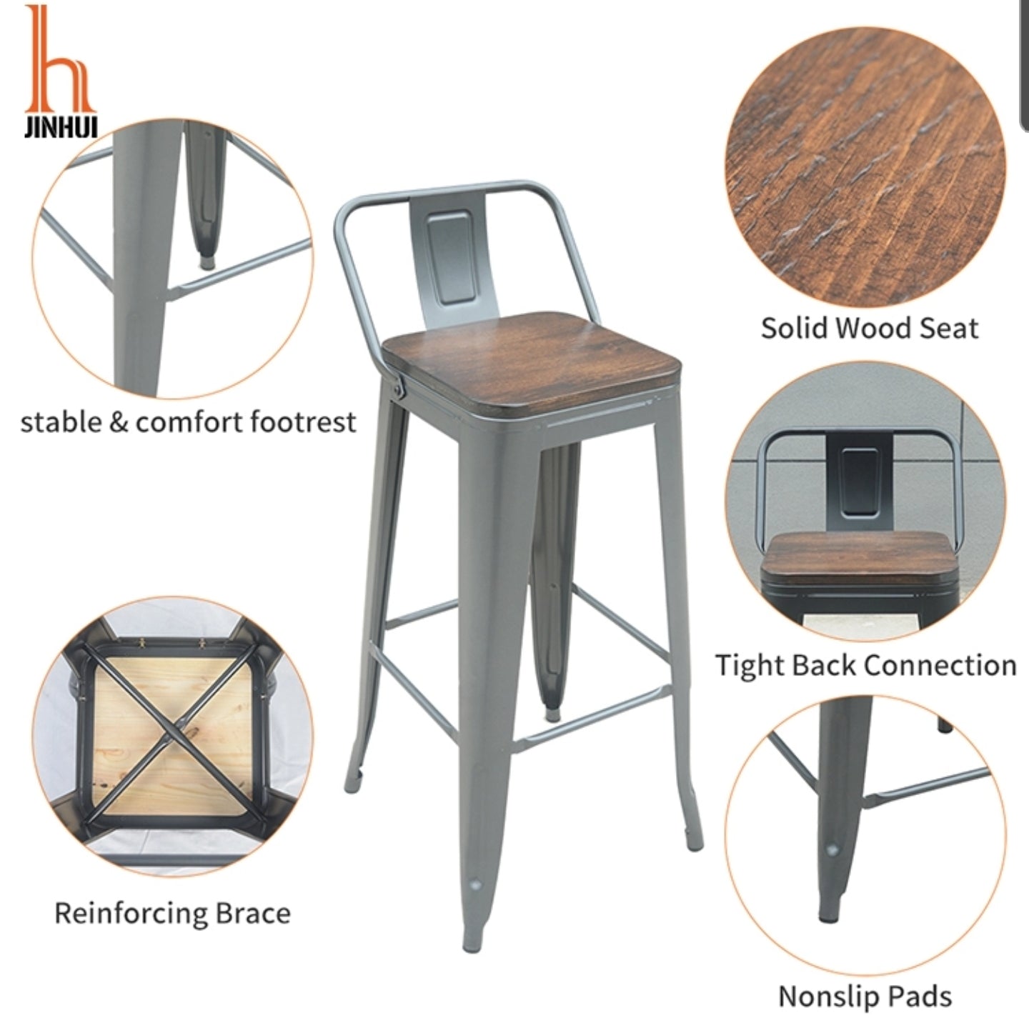 Torup Tolix Metal Bistro Bar Stool with Wood Seat Black Single Stool