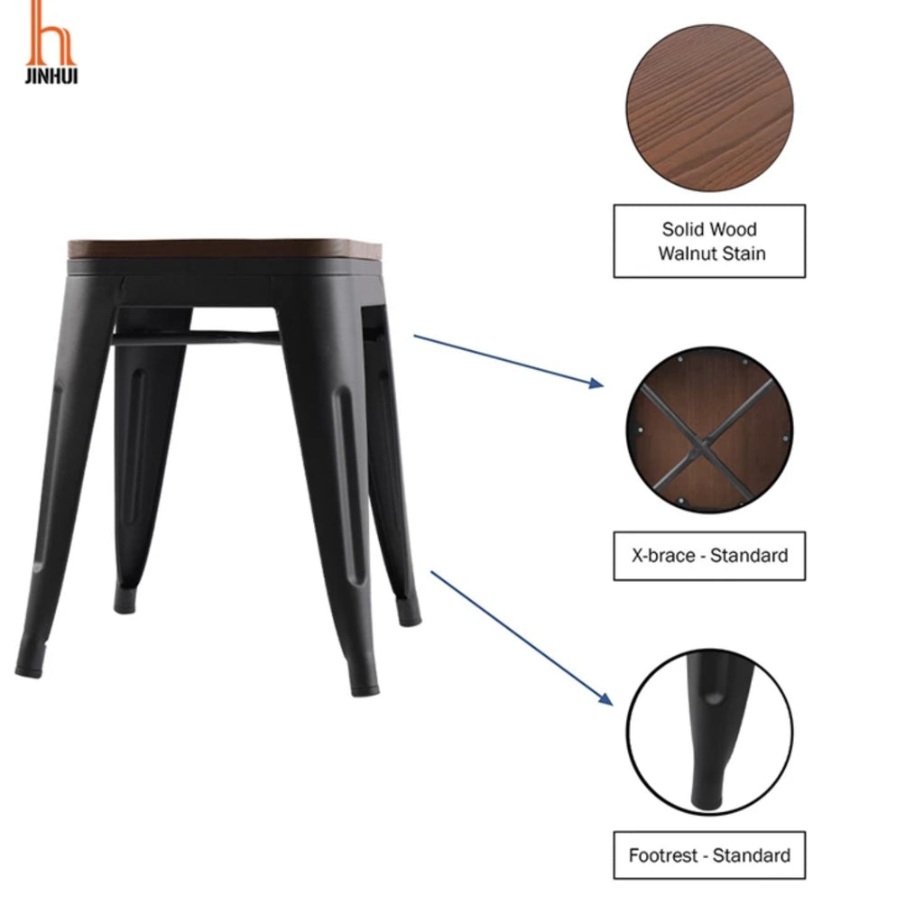Alyssa Metal Stool With Wood Top - 18 Inches (Black) | HOMEGENIC.