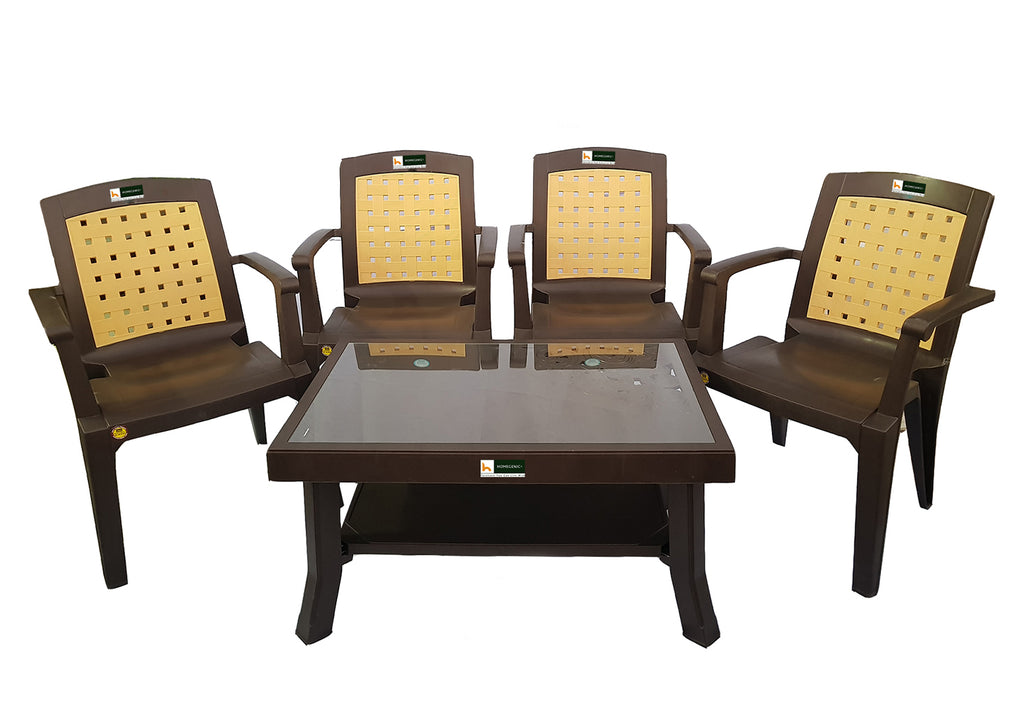 Nilkamal Rogue Coffee Table Set with Glass and 4 Vogue Chair (Weather Brown) | HOMEGENIC.