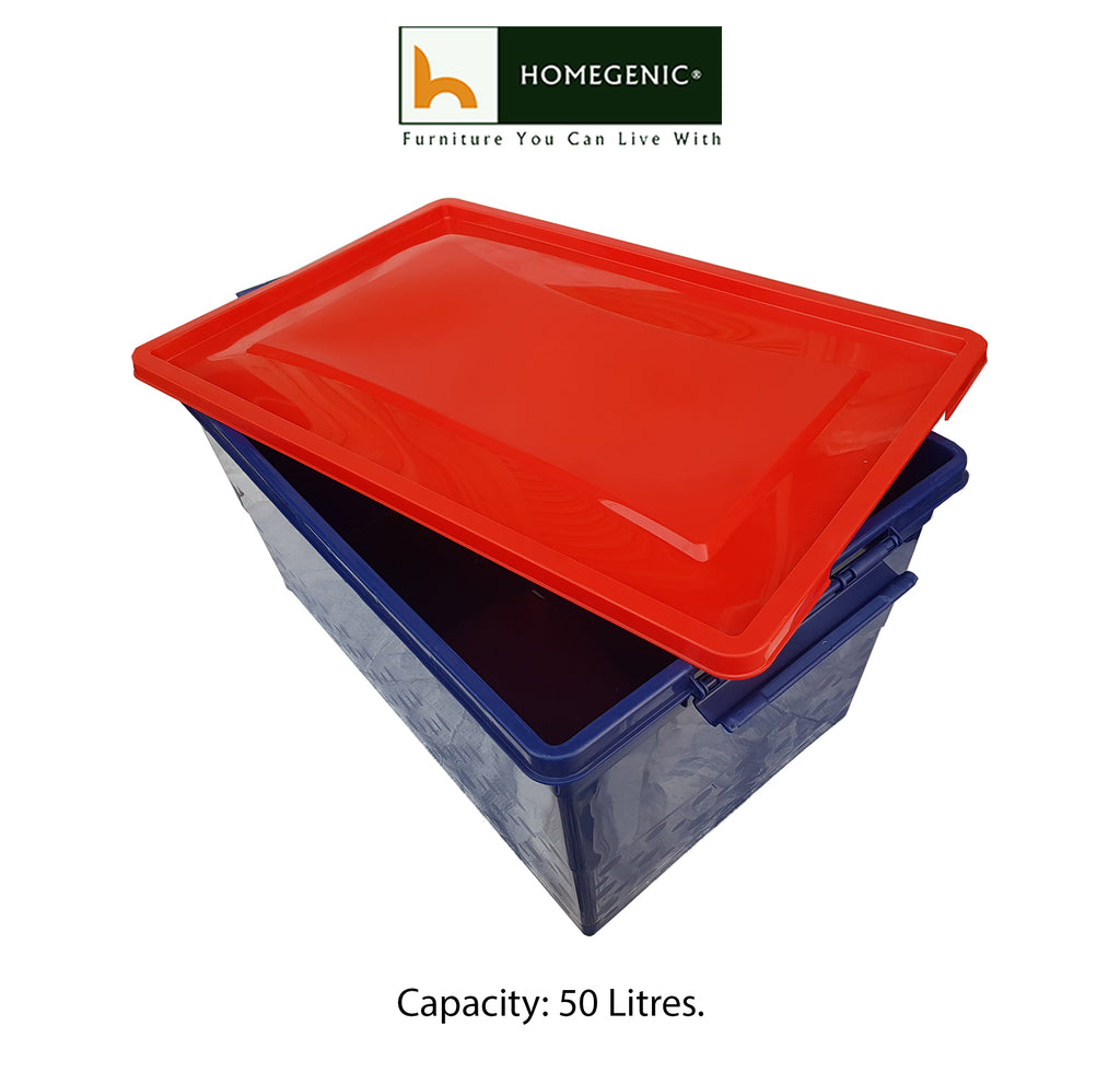 Nilkamal Stackable Storage Box 50 Ltr with Wheels (Blue & Red) | HOMEGENIC.