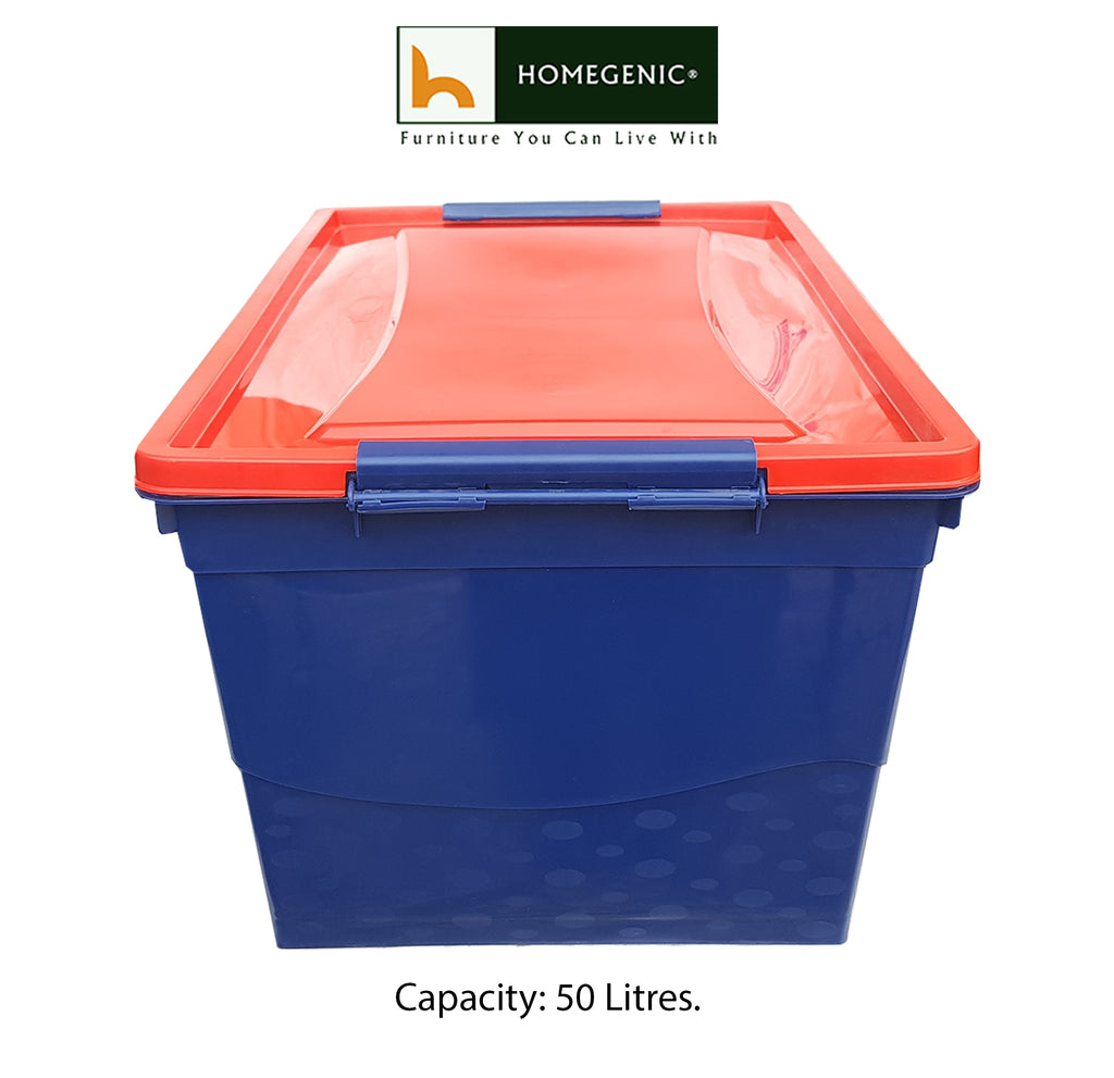 Nilkamal Stackable Storage Box 50 Ltr with Wheels (Blue & Red) | HOMEGENIC.