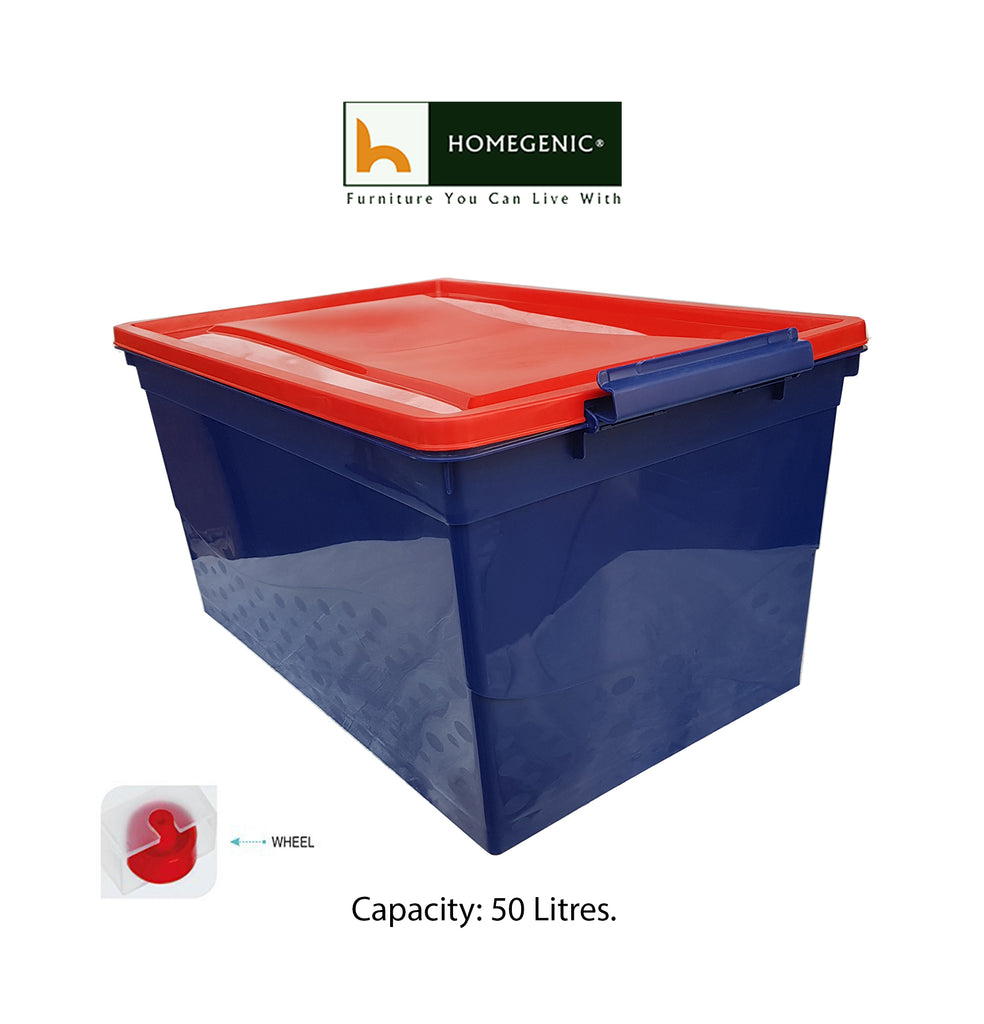Nilkamal Stackable Storage Box 50 Ltr with Wheels (Blue & Red) | HOMEGENIC.